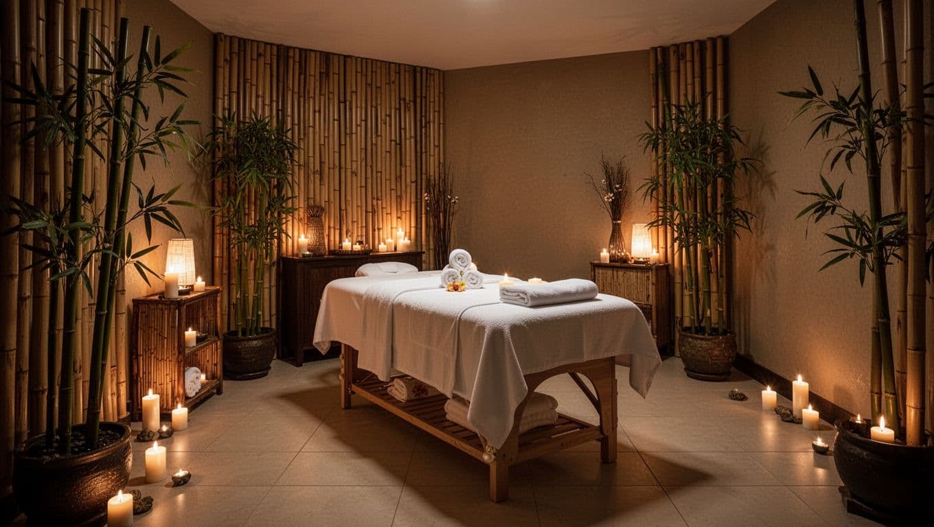 Serene private spa room interior at Nuru VIP Massage & Spa with soft warm lighting from candles and lamps, massage table with fresh white linens, bamboo decor, potted plants, and a cozy intimate atmosphere for relaxation.