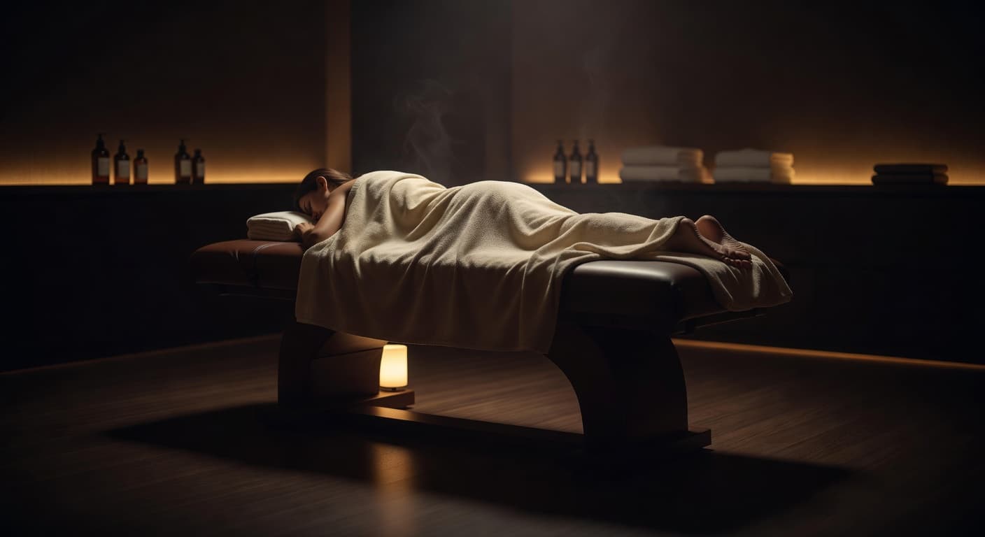 A person lies facedown on a professional massage table within a tranquil, dimly lit spa room. Soft ambient lighting illuminates the plush linens while creating deep, soothing shadows throughout the space.