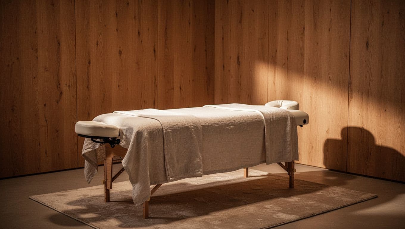 A plush padded massage table sits in the center of a dim room with glowing wall lights. Soft neutral linens drape the bed while wooden floors reflect the gentle ambient warmth.