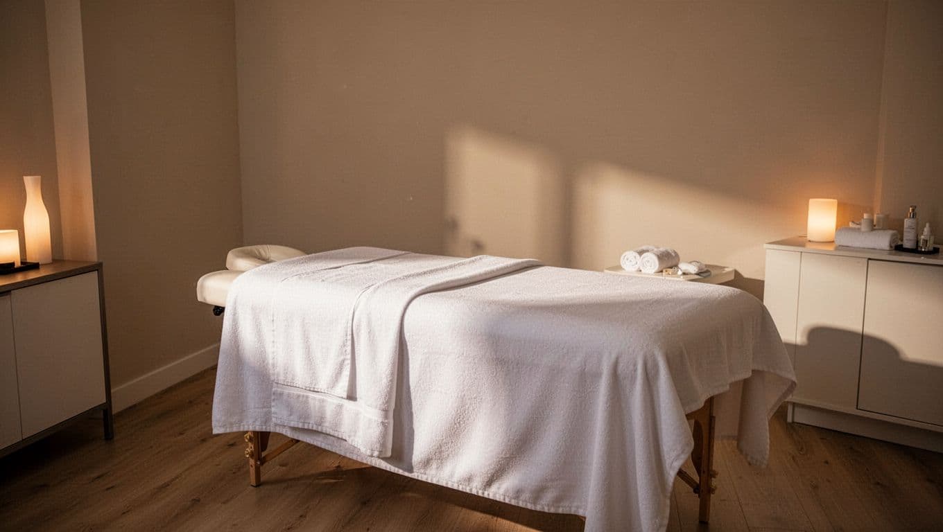 A tranquil therapy chamber features a massage table draped in crisp white linens. Warm amber light fills the minimalist space, creating deep shadows and an inviting atmosphere for complete relaxation.