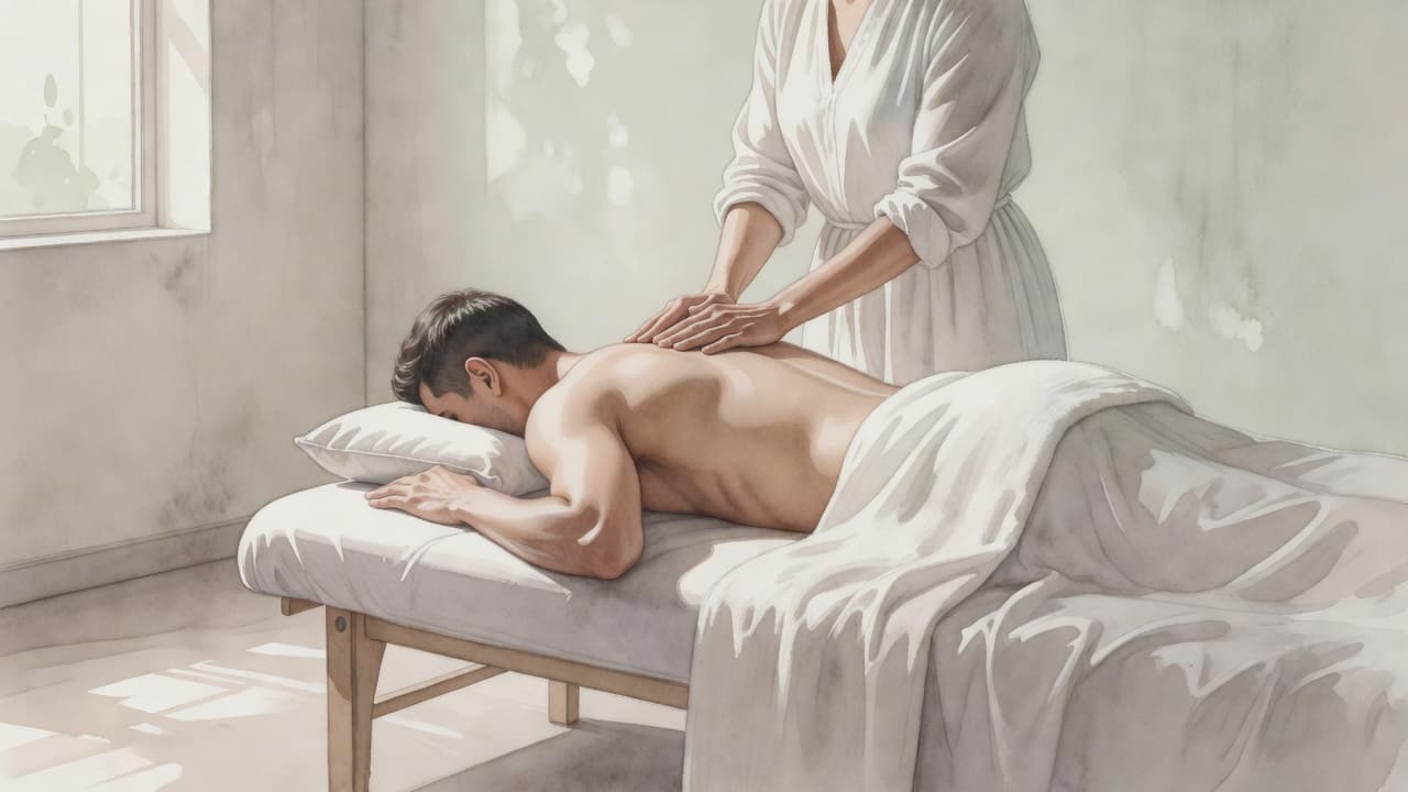 A person relaxes on a padded table within a dim, tranquil room. Soft watercolor brushstrokes define the peaceful scene, using neutral tones to emphasize the calm atmosphere of this therapeutic experience.