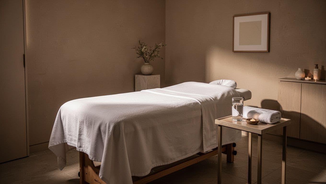 A neatly arranged massage table with crisp white linens sits in a minimalist room. Beside the table, a side surface holds a glass of water and a small towel under warm lighting.