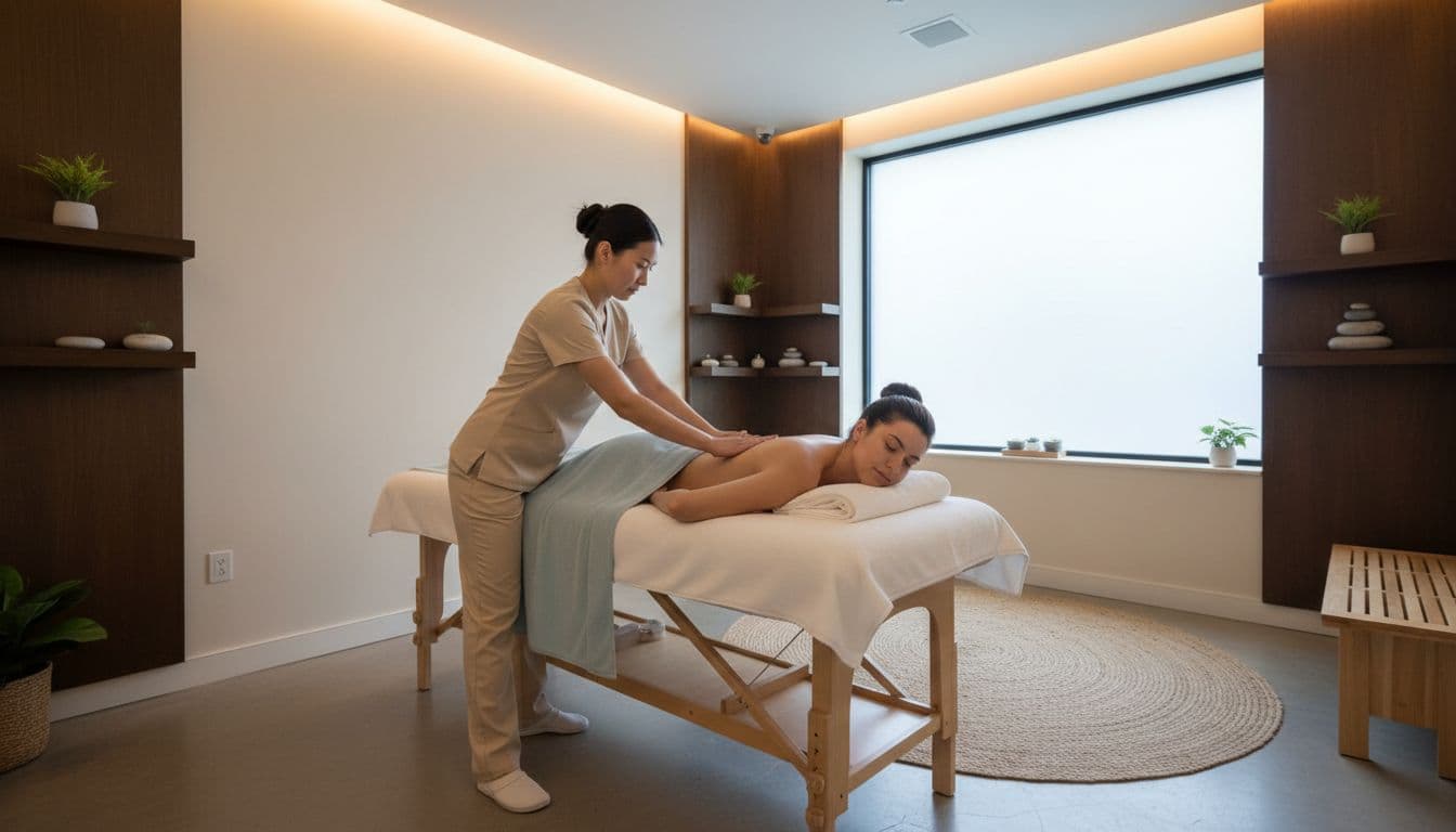 A therapist performs slow, gentle strokes with light to medium pressure on a relaxed client's back and shoulders in a serene spa room at Fortune Massage & Spa. The client lies face down under a draped sheet amid warm lighting, wooden accents, and a peaceful atmosphere.