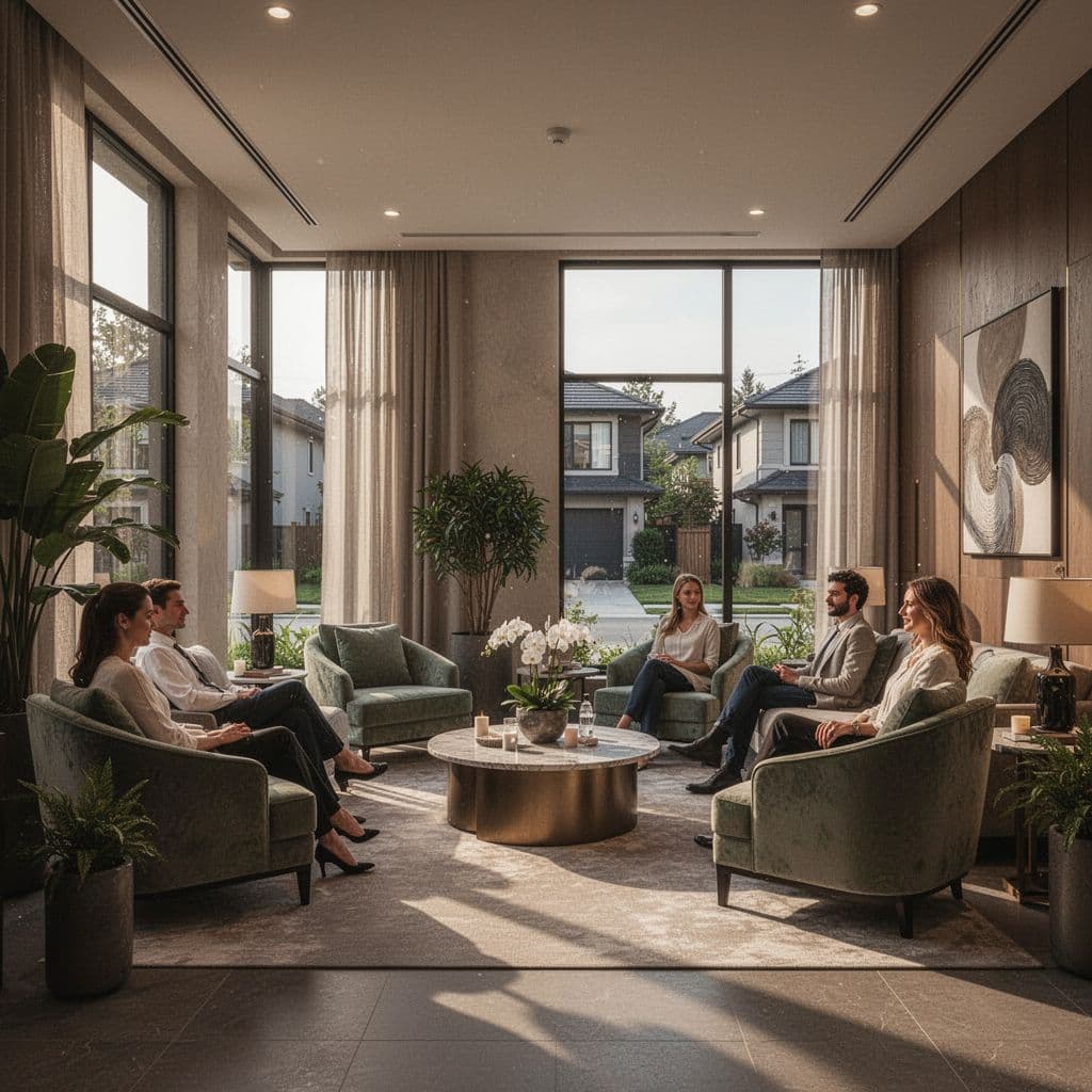 Soft ambient light illuminates a welcoming lobby featuring plush cream-colored armchairs arranged on a polished floor. A minimalist stone accent wall creates a calm, high-end atmosphere for arriving spa clients.