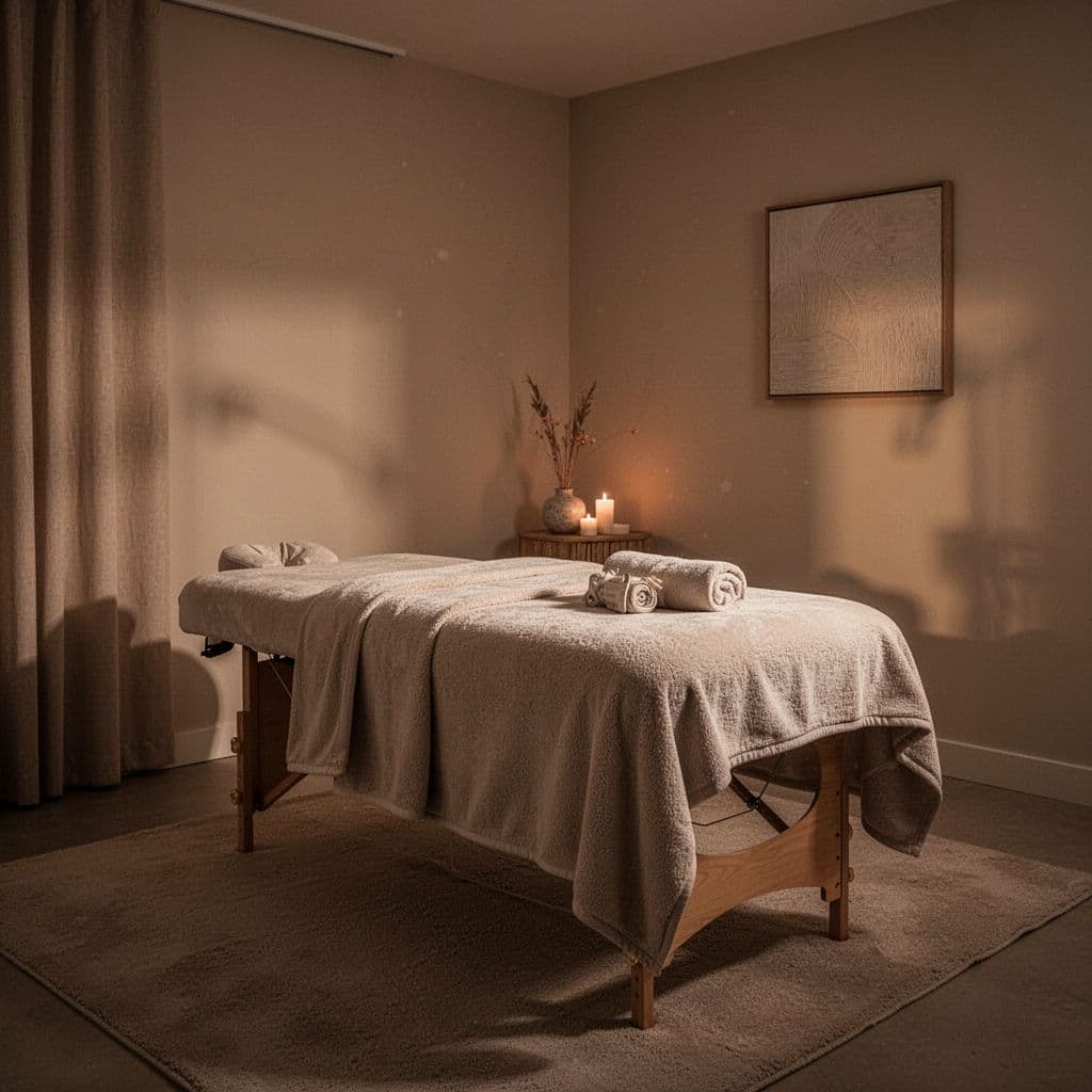 A plush massage table sits centered in a minimalist room with warm ambient lighting. Soft textured linens, dim golden glow, and neutral beige walls create a deeply relaxing sensory wellness environment.