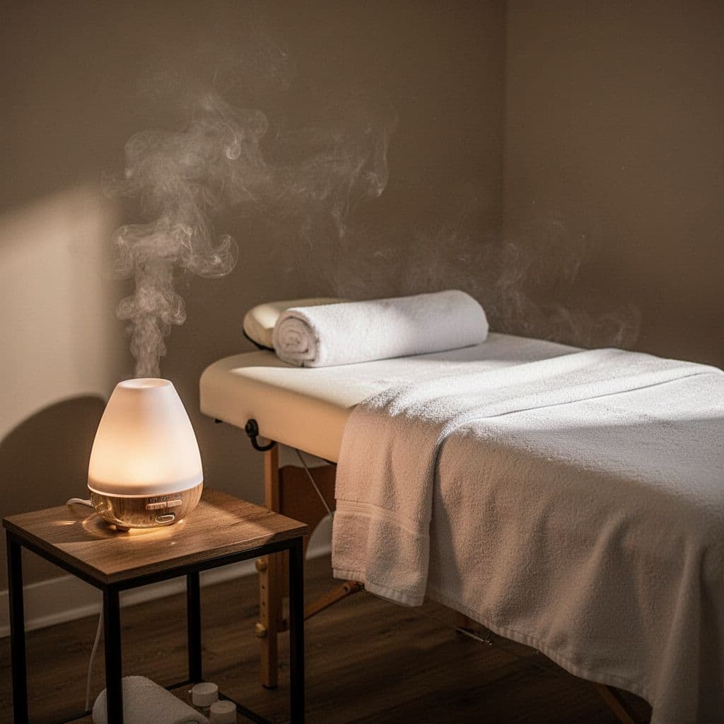A plush massage table draped in white linens sits in a dim room with warm glow. A glass diffuser on the side table releases soft mist into the quiet, cinematic space.