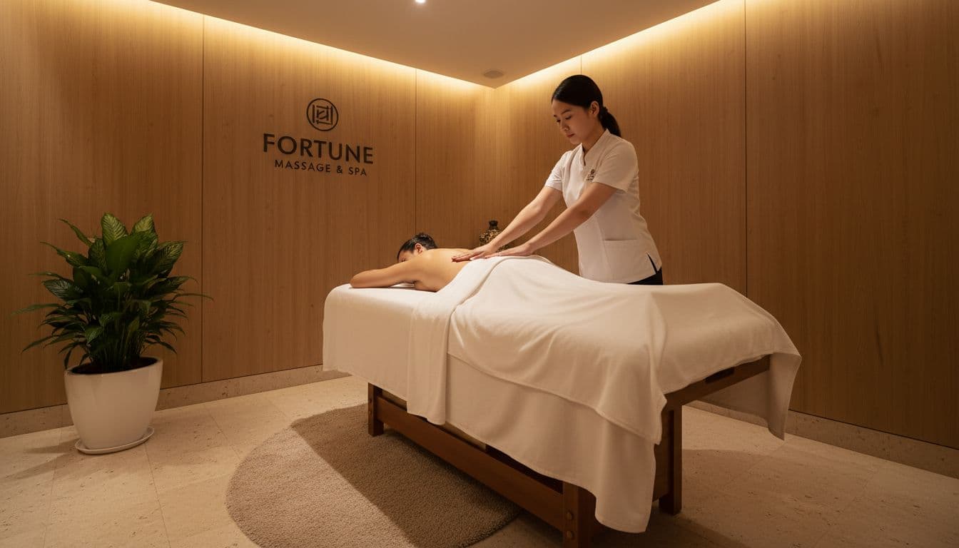 In a clean modern spa room at Fortune Massage & Spa in Langata, a therapist applies light flowing strokes with forearms and palms to a relaxed client's upper back and shoulders, client face down under a draped white sheet.