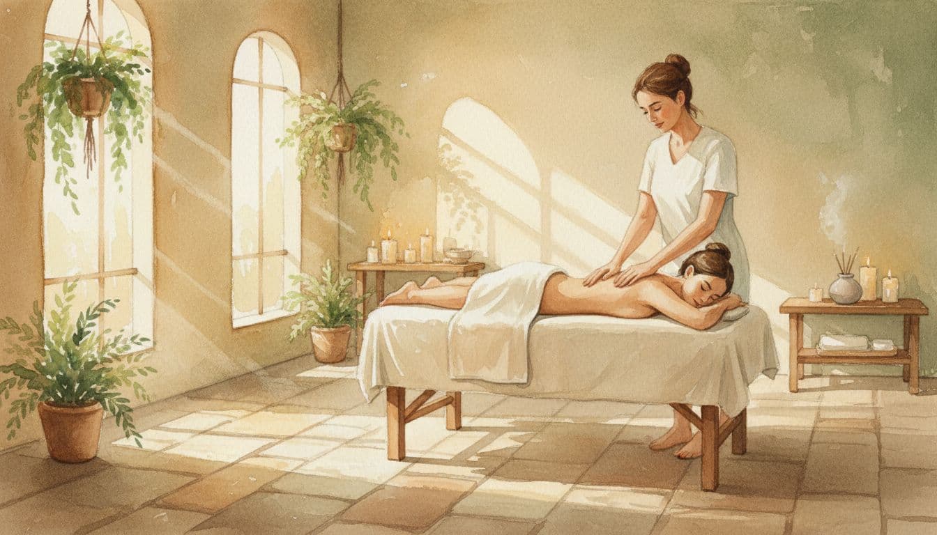 Massages in Langata: A Clear Guide from Fortune Massage & Spa 2 Client lies face down on massage table with therapist's hands resting lightly on back in serene spa room with plants and soft lighting.