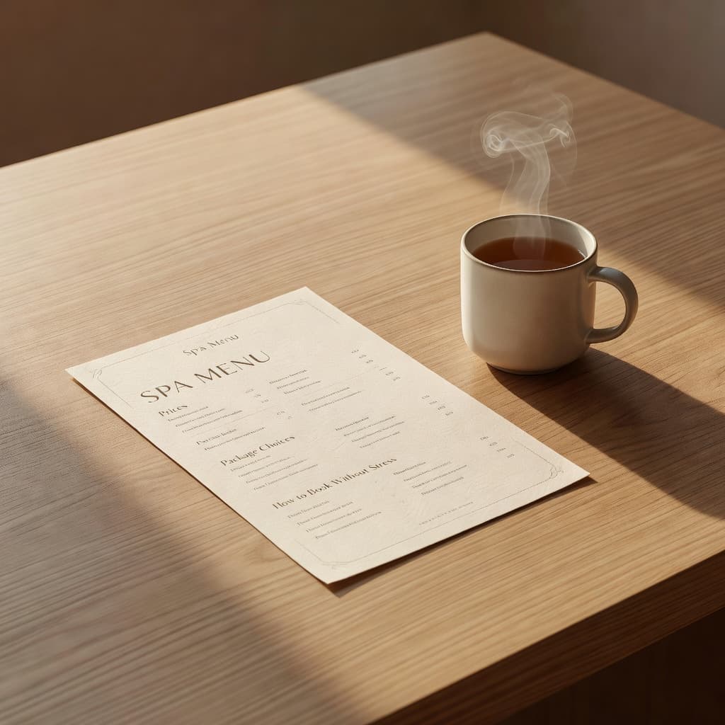 An elegantly printed service menu rests on a smooth wooden table next to a steaming cup of herbal tea. Soft golden light accentuates the natural grain textures of the polished wood.