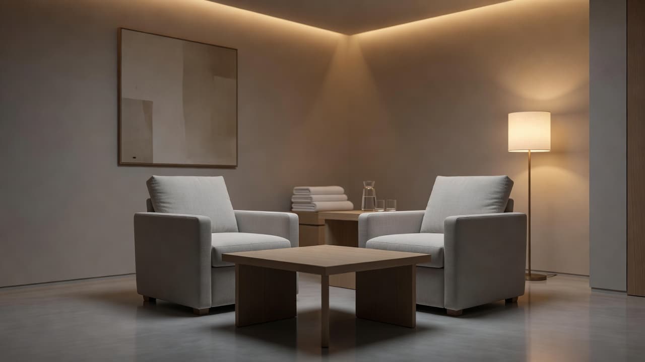 A minimalist consultation area inside a spa features a plush, comfortable chair centered under soft, warm pendant lighting. Neutral walls and clean lines create a tranquil, professional setting for wellness planning.