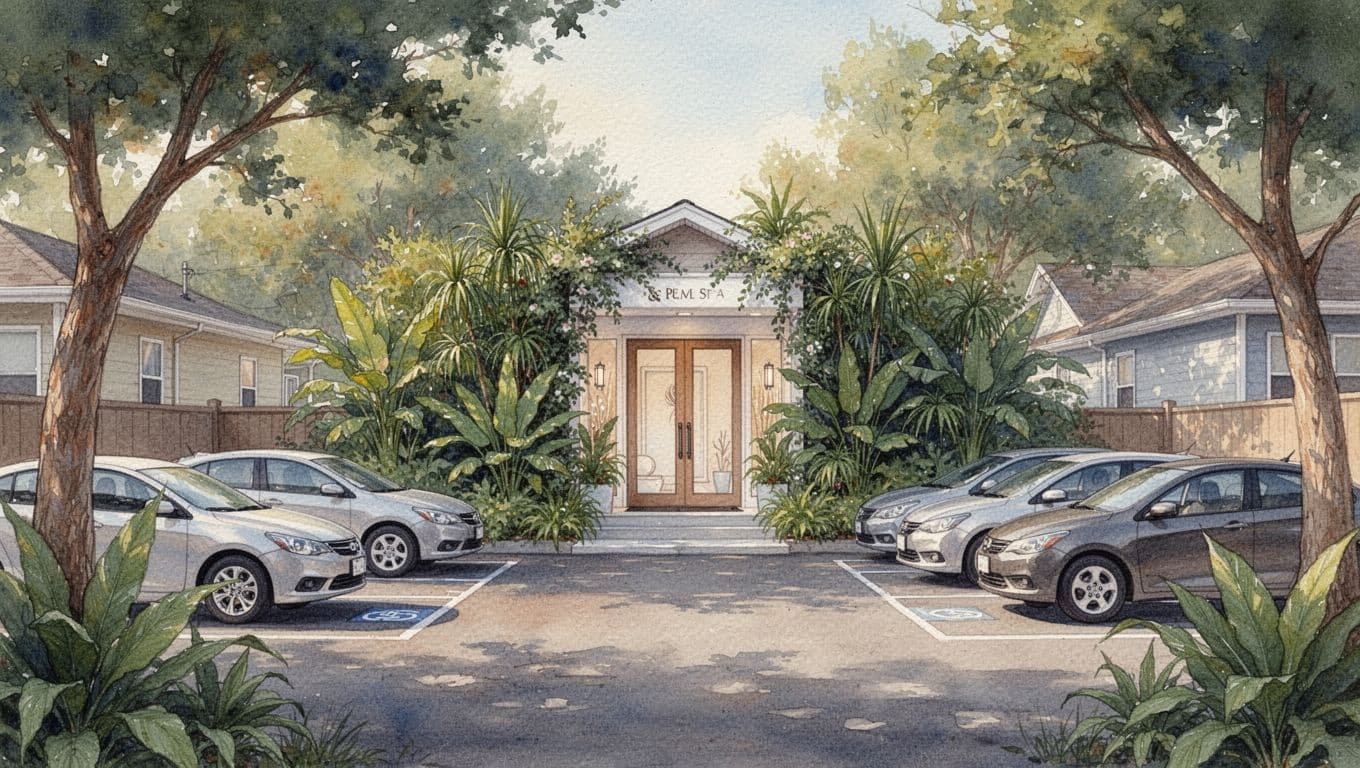 Serene spa building entrance at Afya Maisonettes on Kindaruma Road in Kilimani Nairobi, featuring easy parking spaces with cars parked, lush green plants framing the door, on a quiet residential street in watercolor style with soft blending.