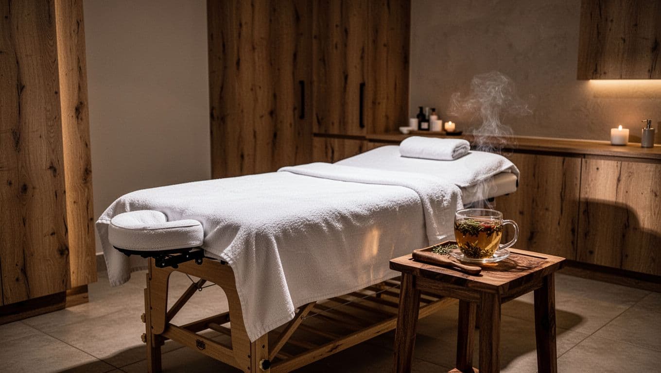 A pristine massage table sits centered within a dim, ambient-lit room featuring warm wood wall accents. A small side table holds a glass of herbal tea in this tranquil urban sanctuary.