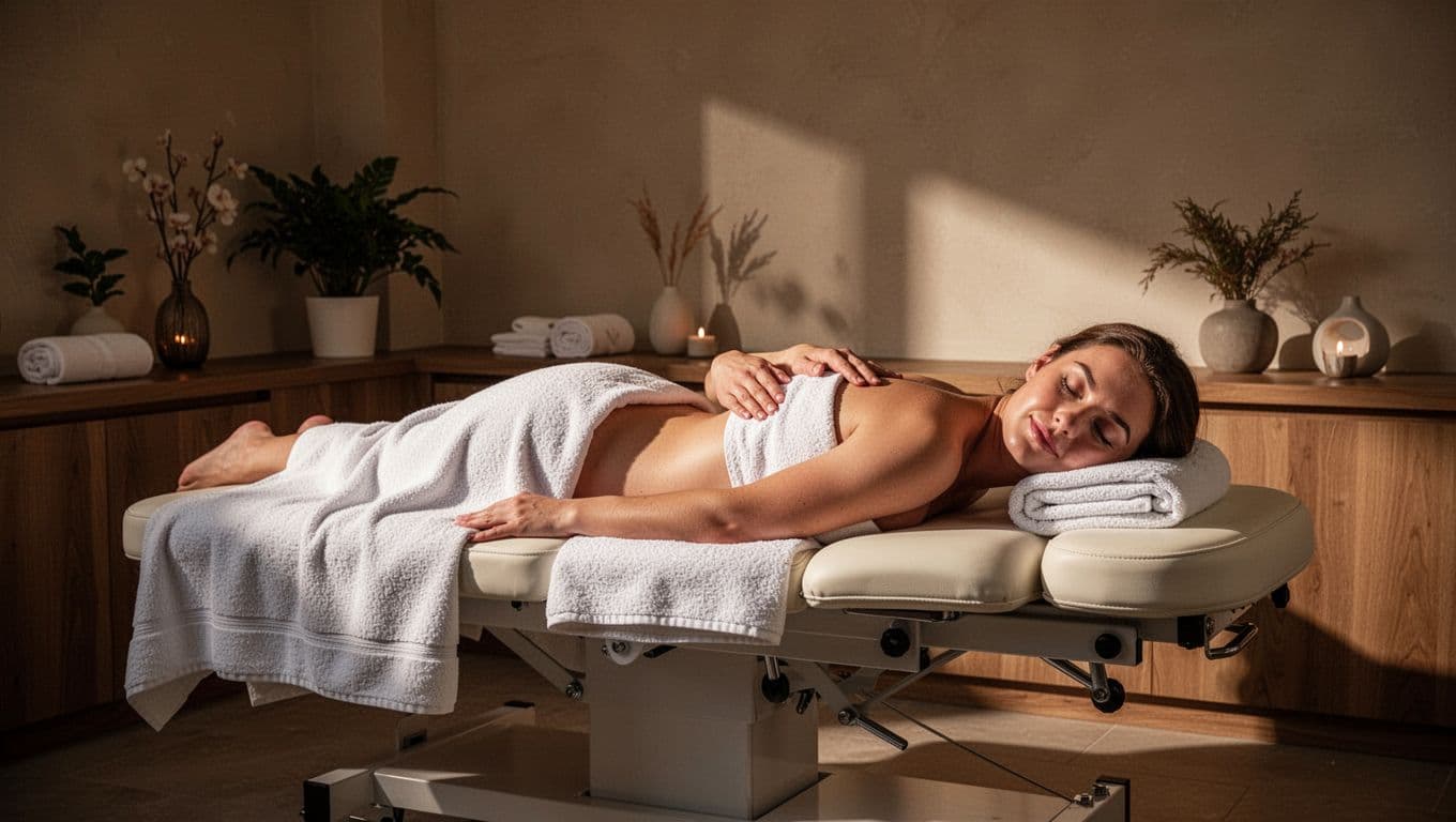 A professional massage table inside a dimly lit spa room with soft towels.