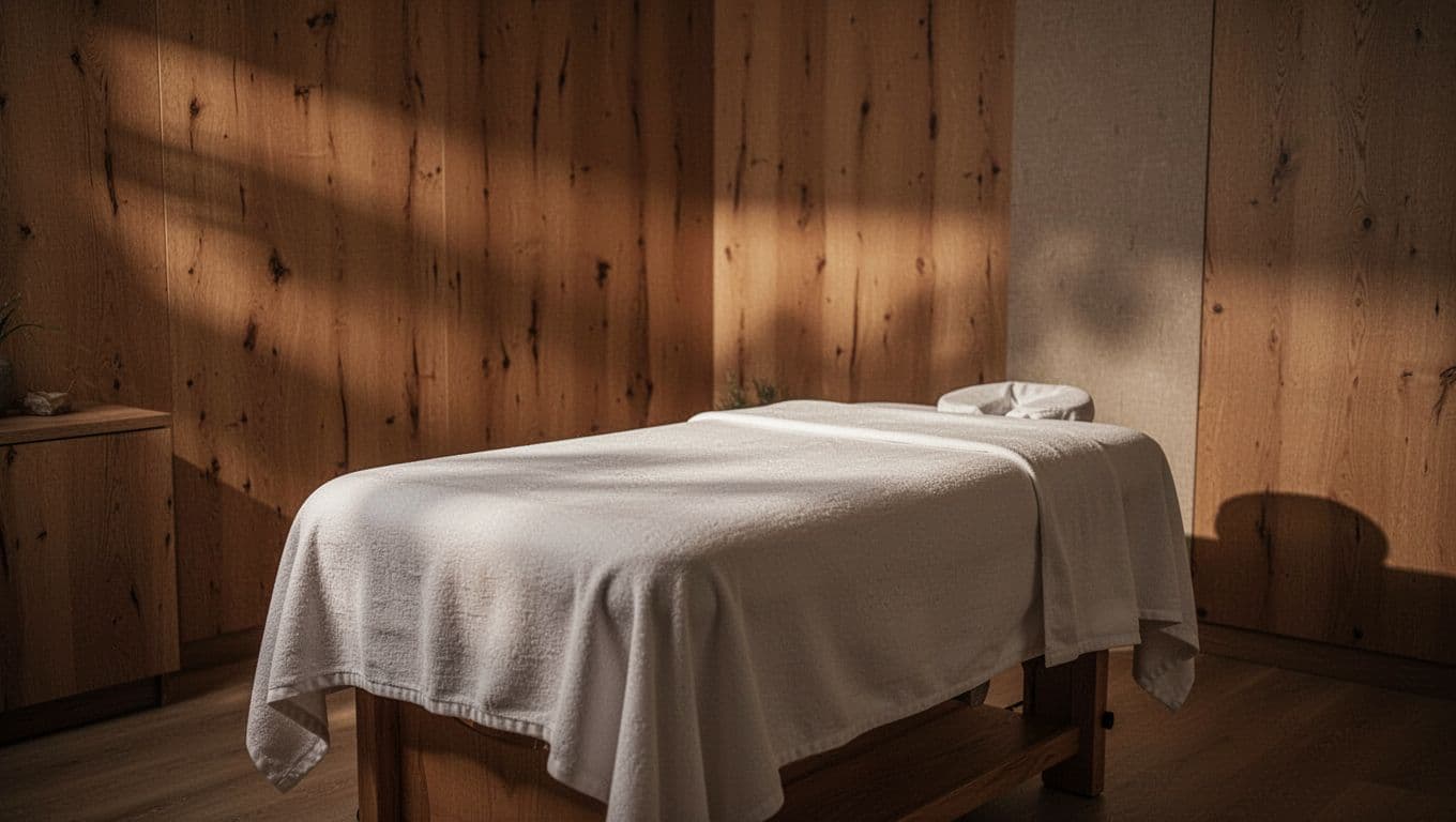 A professional massage table with crisp white linens sits in a dim, tranquil room. Warm ambient lights highlight wooden wall panels and natural stone textures throughout this calming wellness sanctuary space.