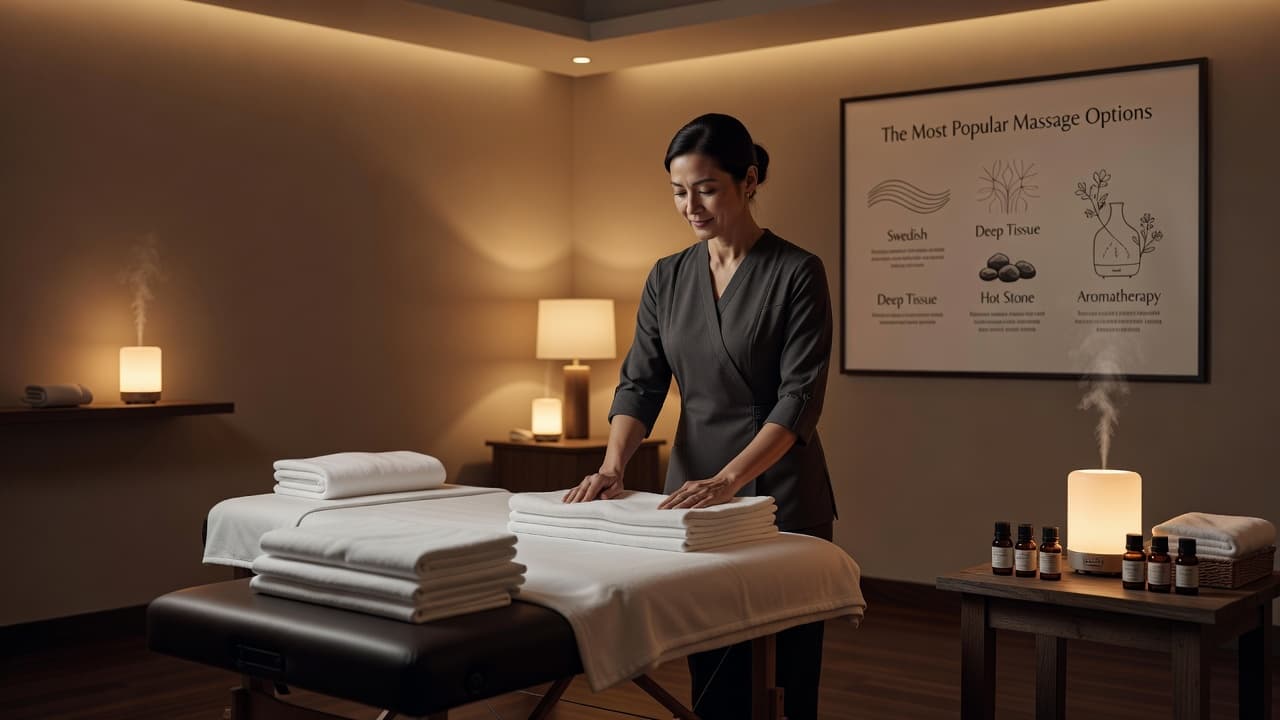 A professional massage therapist organizes soft white linens on a massage table inside a dim treatment room. An aromatic essential oil diffuser emits a faint mist in the warm background lighting.