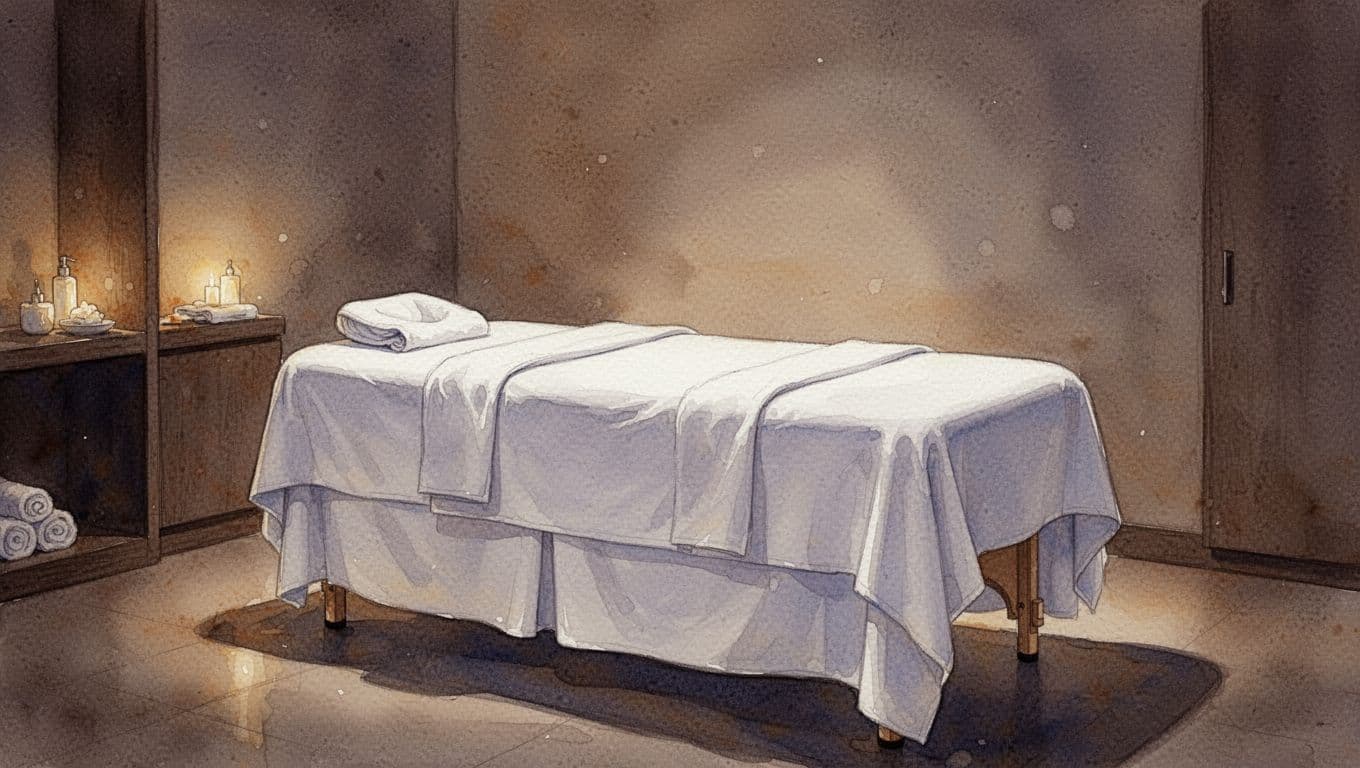A watercolor-style massage room features a plush table covered in crisp white linens. Warm, ambient light glows softly against the textured walls, creating a tranquil atmosphere for deep relaxation.