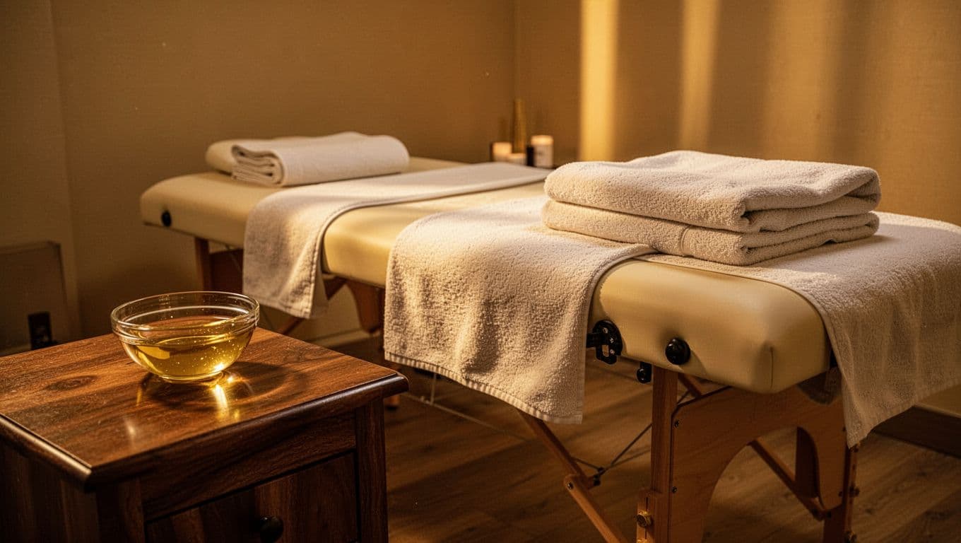 A professional massage table with neatly folded white towels stands centered in a dimly lit room. A small glass bowl filled with warm oil rests on a wooden table nearby.