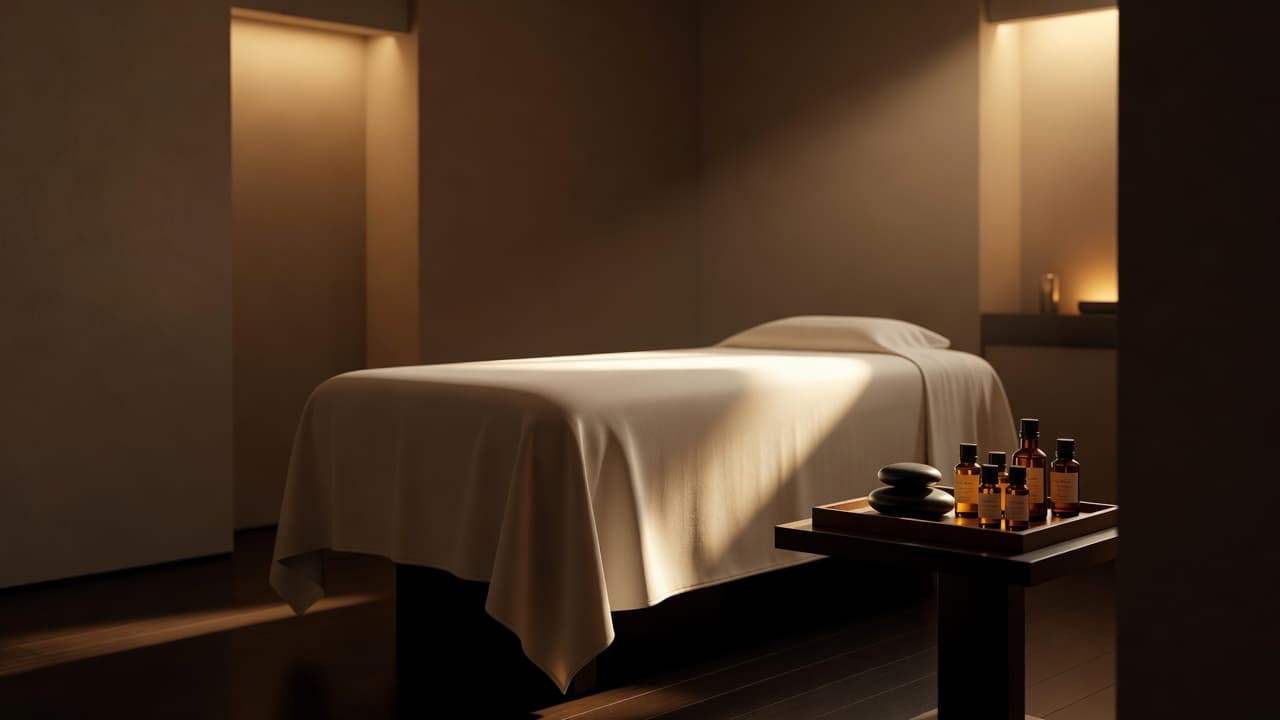 A plush massage table sits centered in an elegant room, featuring a wooden tray holding smooth river stones and glass oil bottles. Warm, cinematic lighting creates a calming, tranquil atmosphere.
