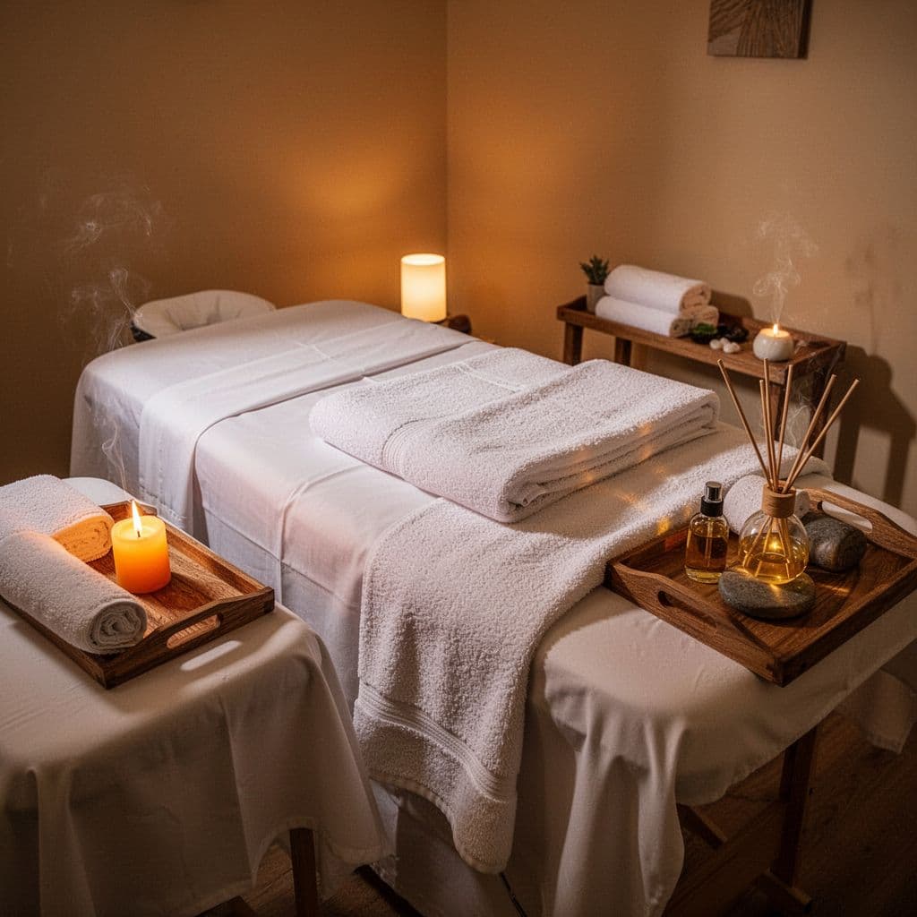 A professional massage table with crisp white linens sits centered in a dimly lit room. A wooden side tray features a glowing candle and active diffuser, creating a tranquil sensory environment.