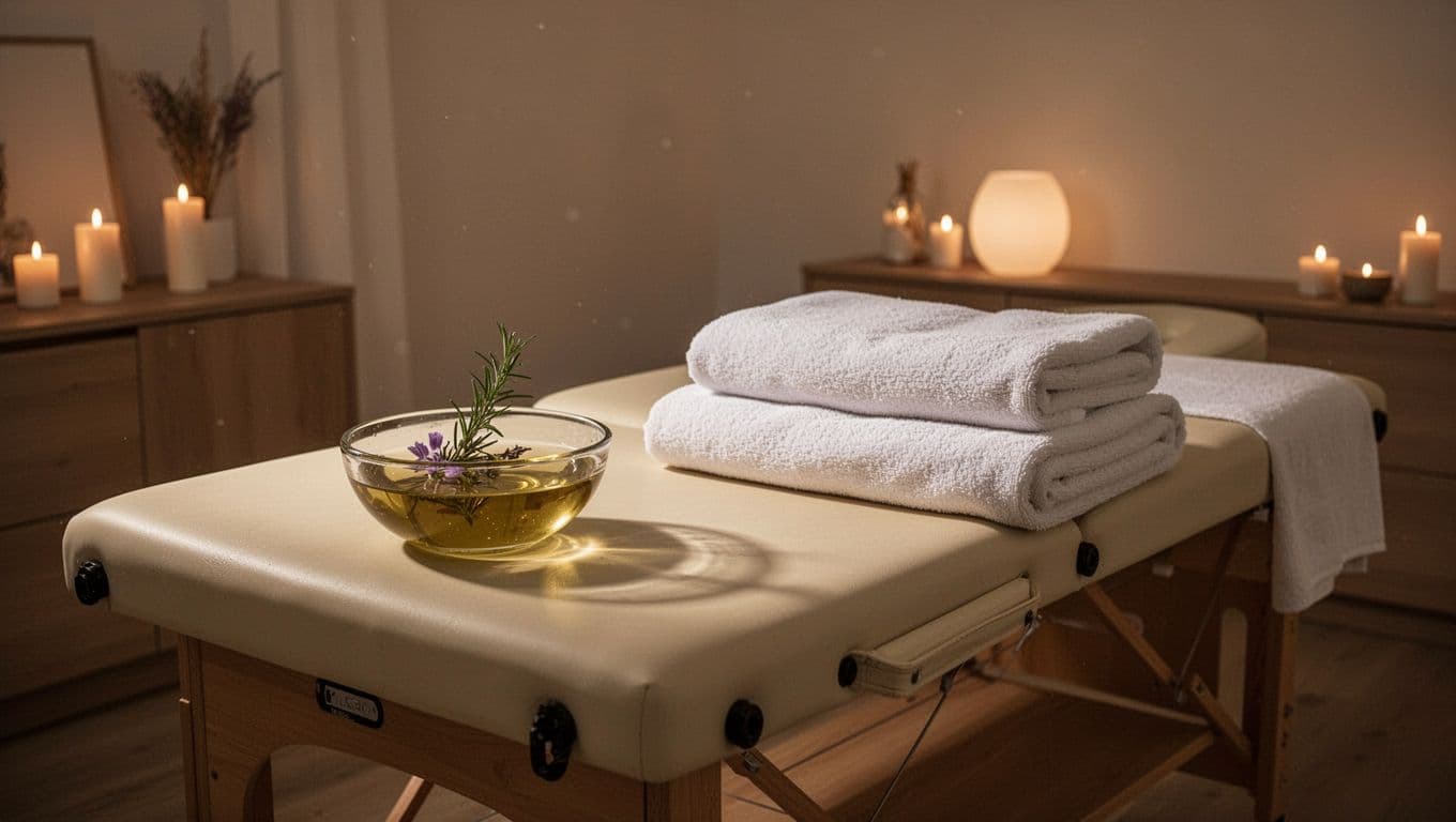 A wooden massage table sits under warm, cinematic lighting in a quiet treatment room. A ceramic bowl of aromatic oil and a neatly folded towel rest on the nearby side table.