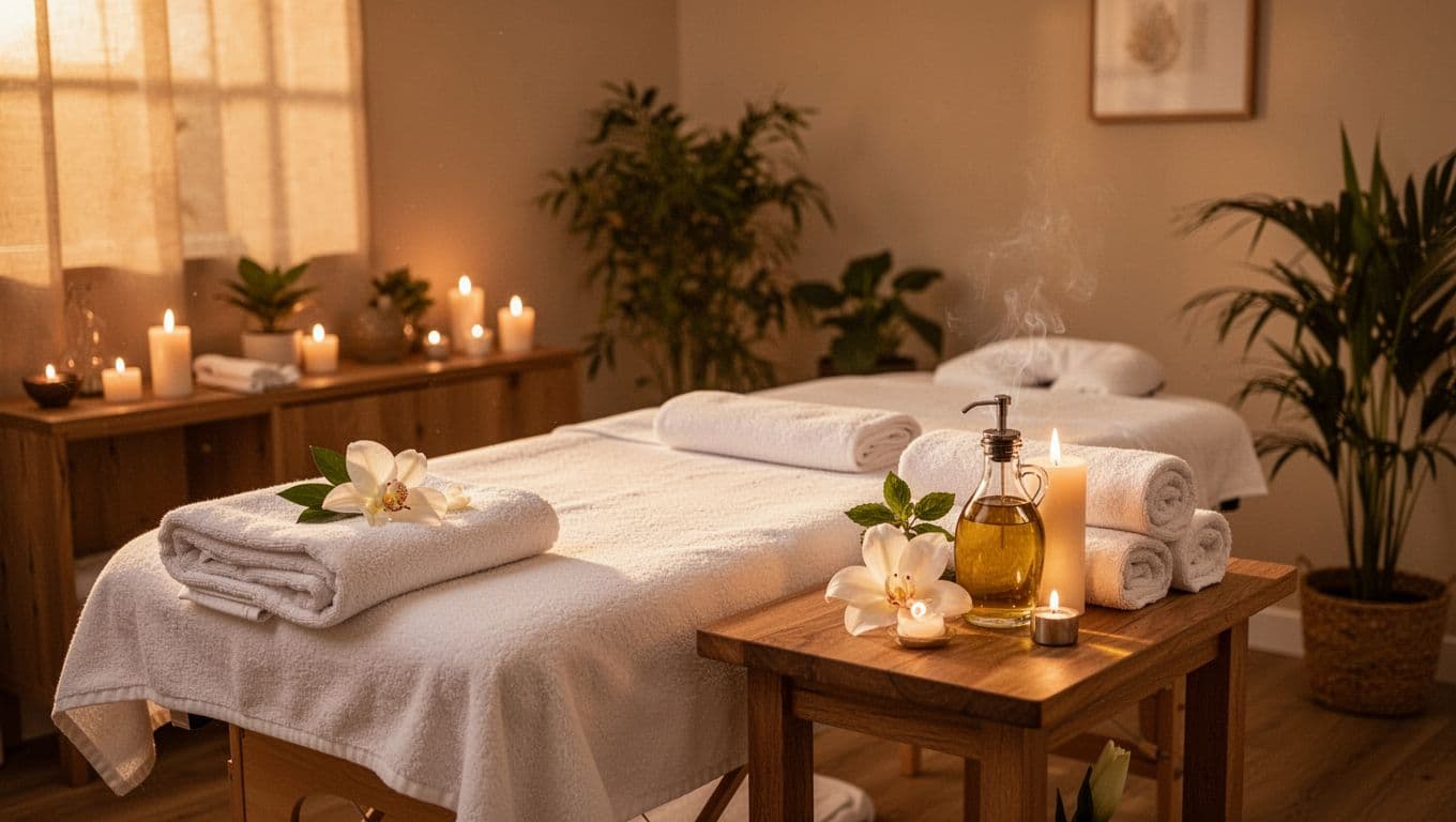 Hot Oil Massage 7 Serene spa treatment room with an empty massage table set up with fresh towels and warmed oil bottle, soft candle lighting, background plants, and warm golden hour ambiance for inviting pre-massage preparation.