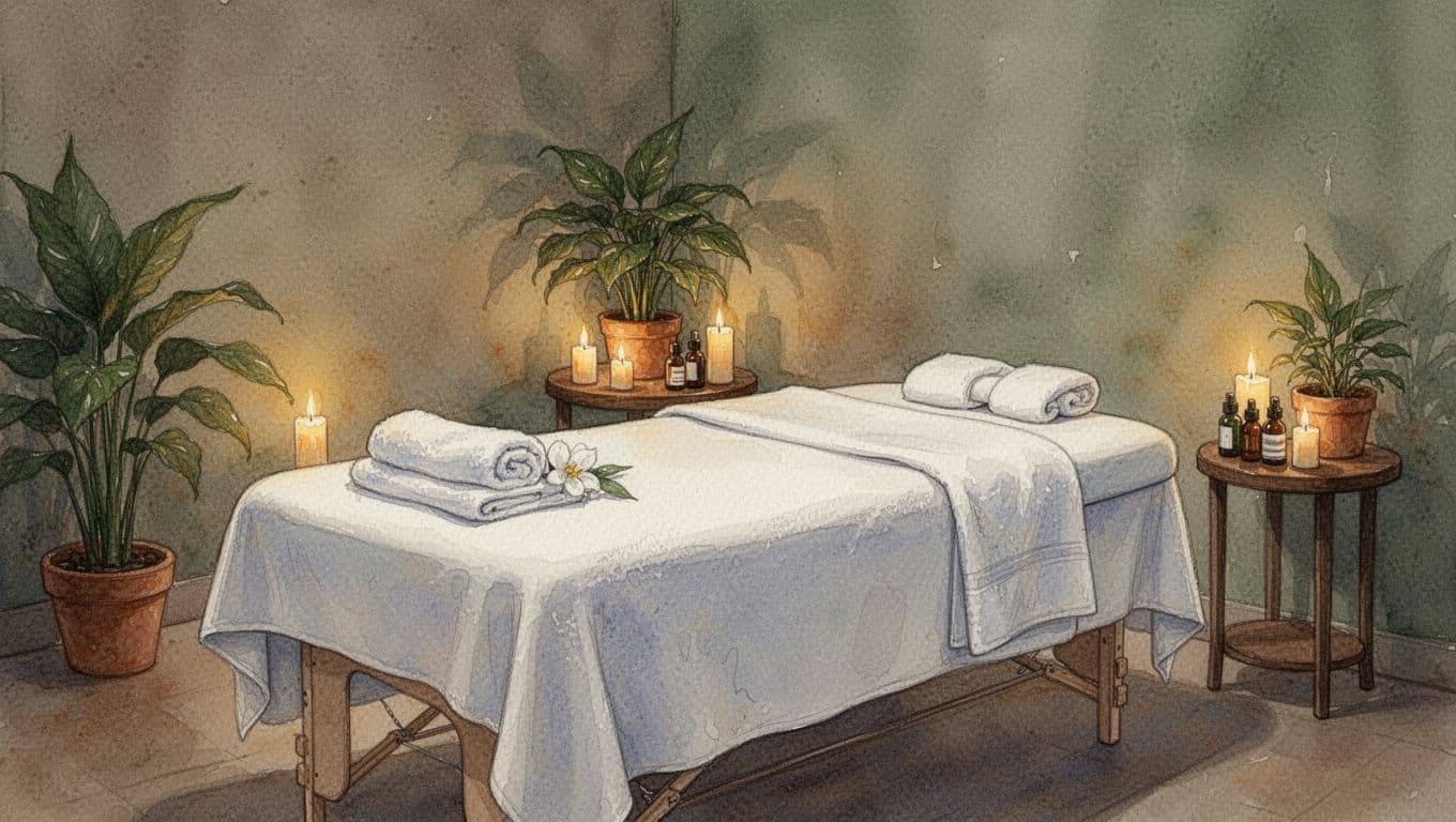 Watercolor-style depiction of a peaceful massage treatment room in a spa, with a massage table draped in white towels, dim warm candlelight, soft shadows, potted plants, and aromatic oils on a side table, evoking a clean, private, and comfortable relaxing atmosphere.