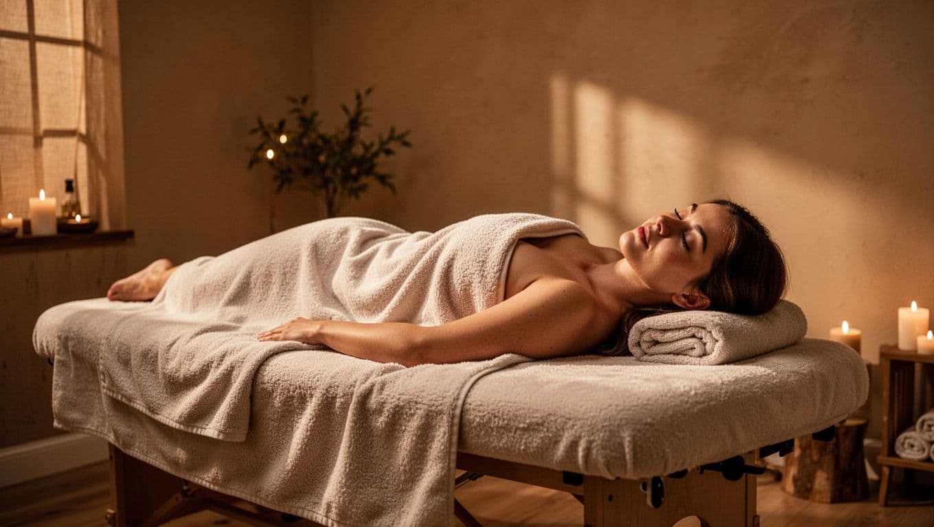 A person rests comfortably on a massage table inside a dimly lit, tranquil spa room. Warm, soft ambient light glows from hidden fixtures, creating deep shadows and a peaceful atmosphere.