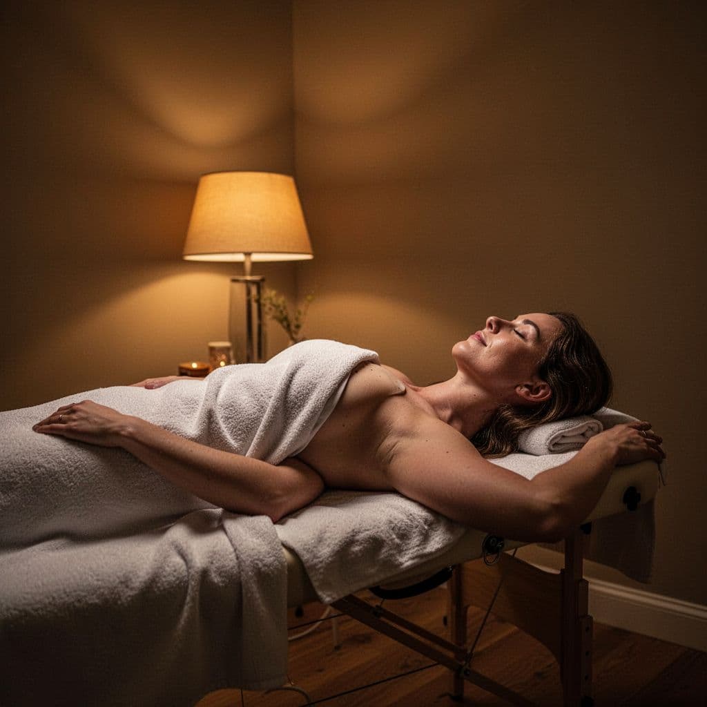 A person rests calmly on a massage table within a darkened room. Warm amber light glows from hidden sources, casting deep shadows across the tranquil space and highlighting the peaceful atmosphere.