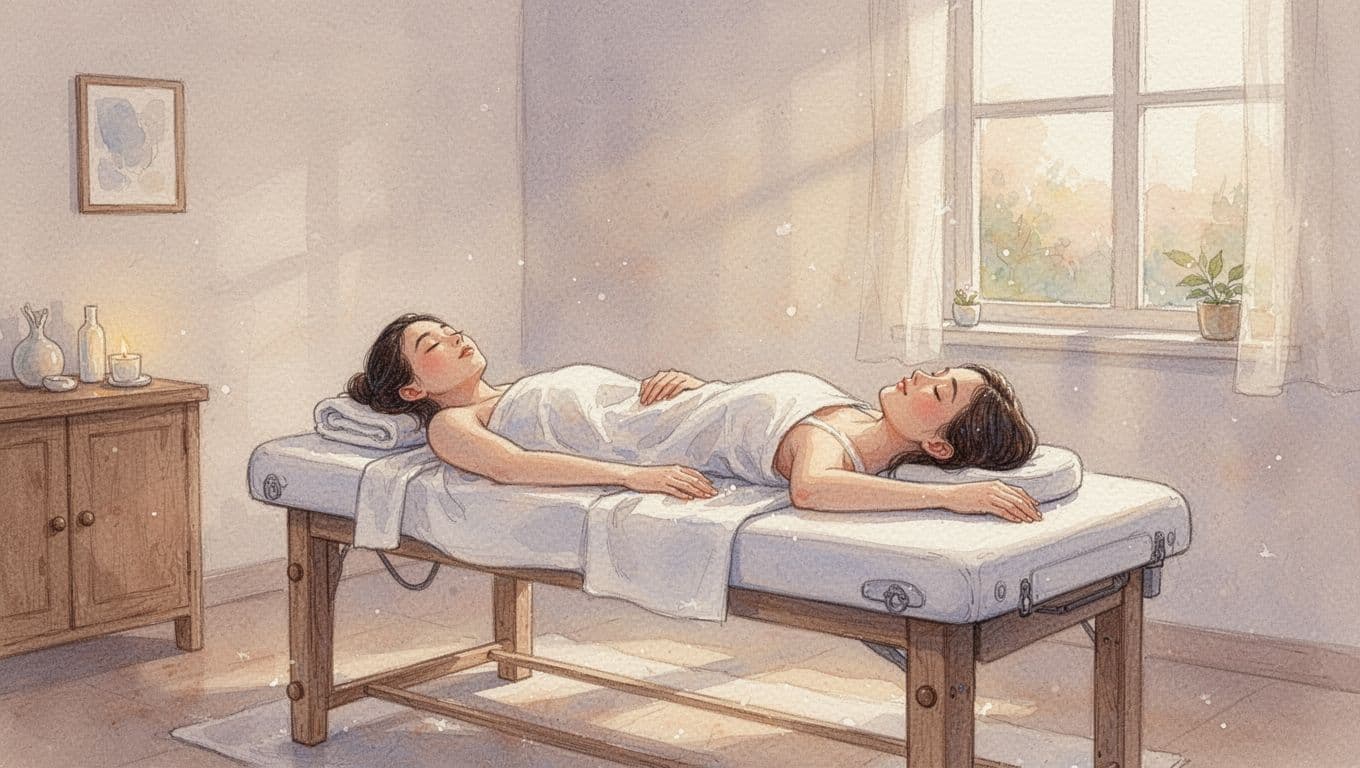 A person rests comfortably on a cushioned massage table within a quiet treatment room. Soft morning sunlight filters through the space, illuminating gentle watercolor textures that emphasize a peaceful, meditative atmosphere.
