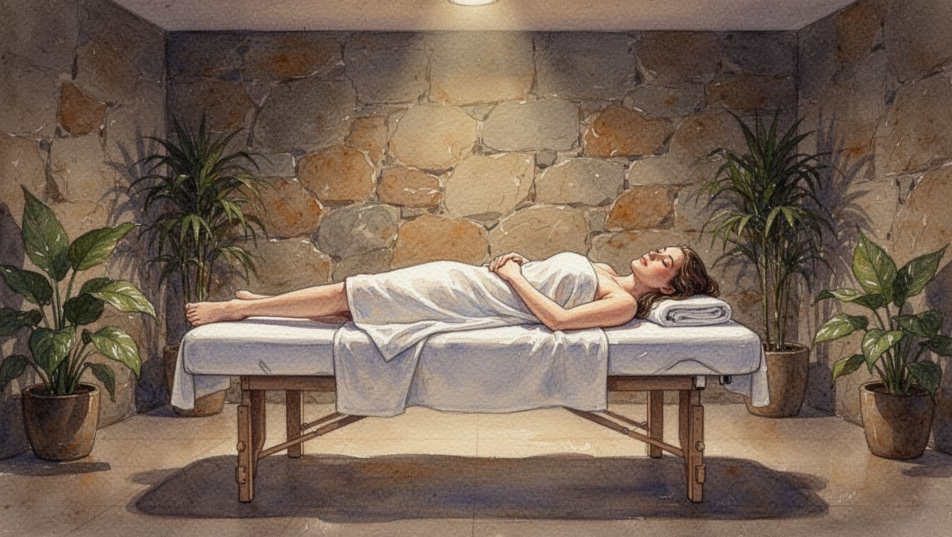 A person rests comfortably on a cushioned massage table within a dimly lit, tranquil room. Soft earth tones and artistic watercolor brush strokes create a peaceful atmosphere conducive to deep relaxation.