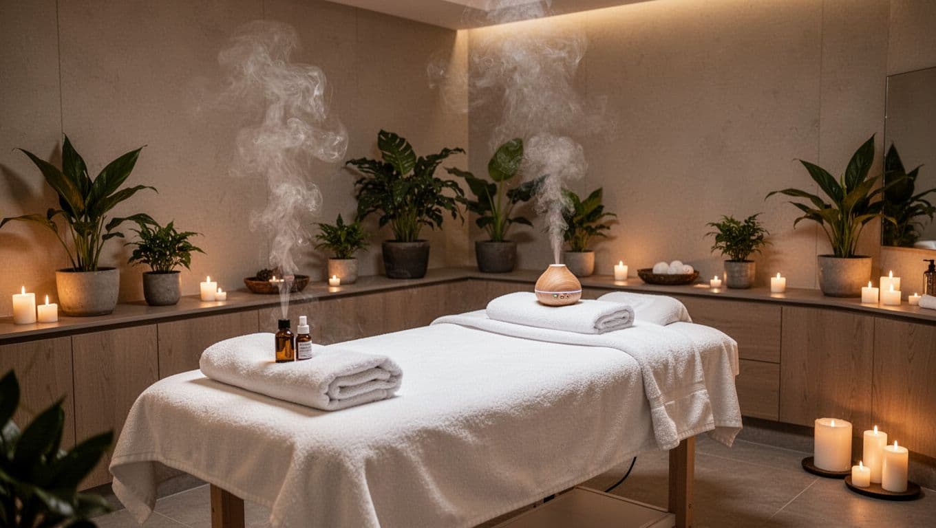 Massage SPA in Kilimani: A Practical Guide to Relaxation 10 Private spa treatment room prepared for massage with fresh white linens on the table, essential oil diffuser emitting steam, potted plants, soft dim lighting, and candles creating a serene relaxing vibe in a modern clean design.