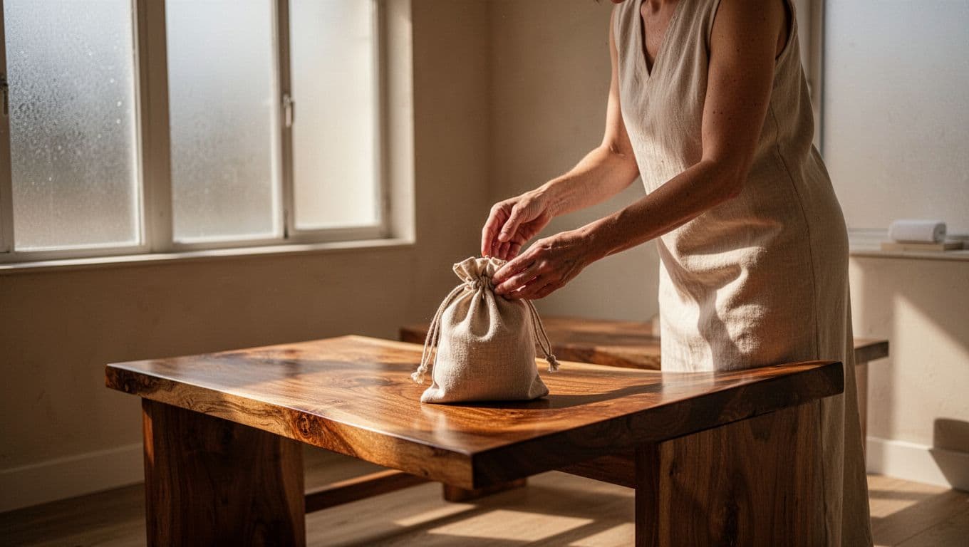 A person places a small canvas bag onto a smooth wooden bench inside a quiet, minimalist chamber. Warm, soft light illuminates the clean textures and creates gentle shadows across the space.
