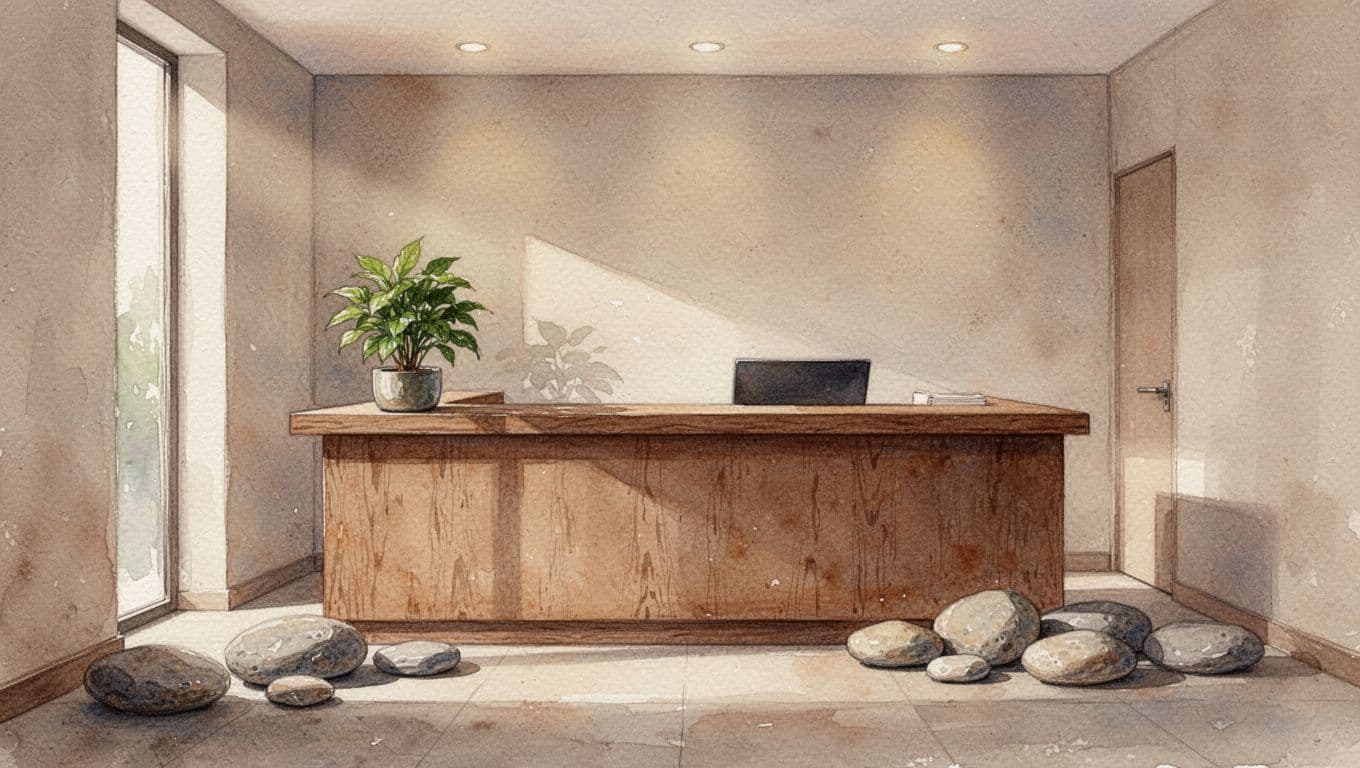 A watercolor painting depicts an inviting reception counter adorned with smooth decorative stones and a small green plant. Soft ambient light bathes the area in calming, earthy tones with visible brushstrokes.