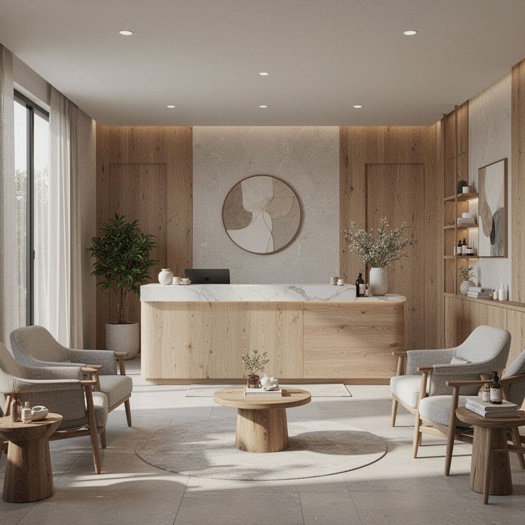 A minimalist wooden front desk stands before a soft, ambiently lit wall. Earthy textures and elegant decor create a tranquil, organized entrance designed for calming customer arrivals in a professional space.