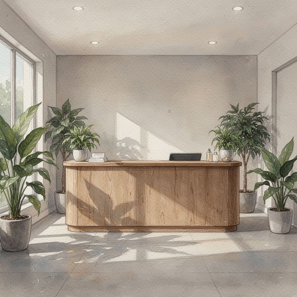 A light wood desk anchors this peaceful waiting area adorned with lush green plants. Soft watercolor textures define the neutral walls and warm sunlight filtering through the tranquil, open space.