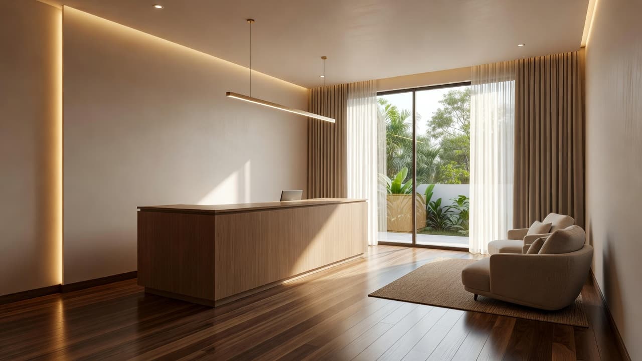 A polished wooden floor leads to a sleek reception desk in this bright, clean spa environment. Soft golden lights reflect off the minimalist surfaces, creating an atmosphere of calm professional comfort.