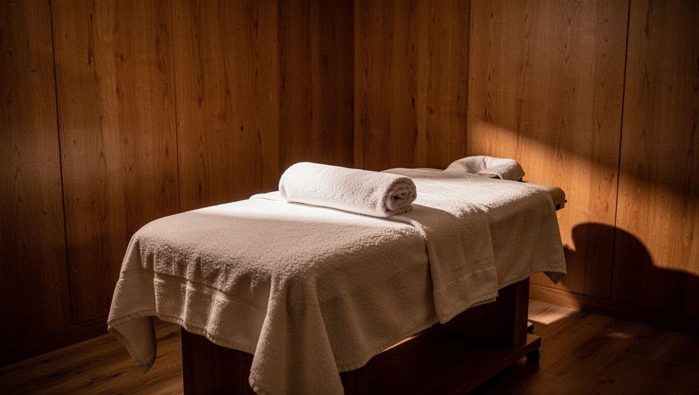 A plush massage table sits centered in a dimly lit room featuring warm, golden ambient lighting. Neatly folded white towels rest nearby, creating a peaceful sanctuary for deep physical relaxation.