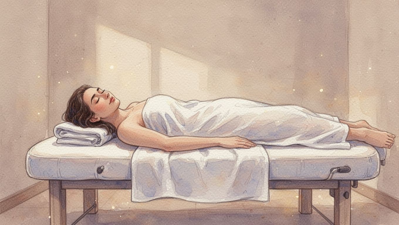 A person rests comfortably on a cushioned massage table within a dimly lit, tranquil spa suite. Soft watercolor brushstrokes define the neutral surroundings, creating a peaceful atmosphere for deep stress relief.