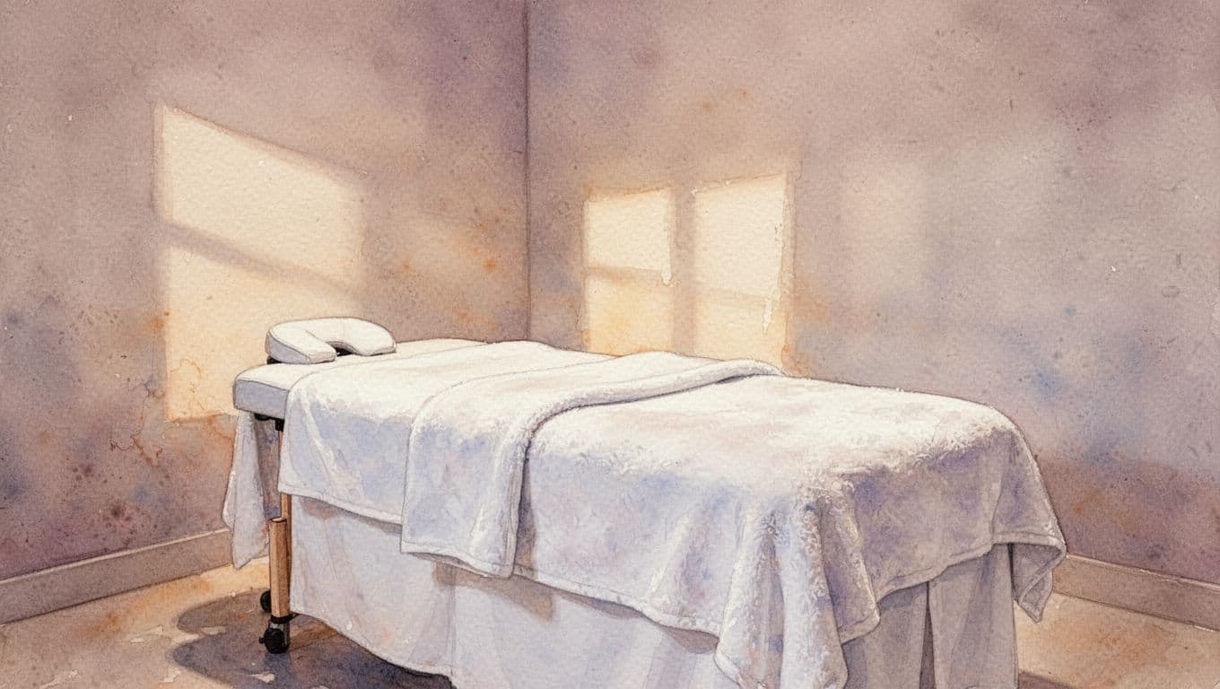 A plush massage table with folded white linens sits center in a watercolor room. Warm amber lighting illuminates the textured walls, creating a tranquil environment for deep physical relaxation and comfort.