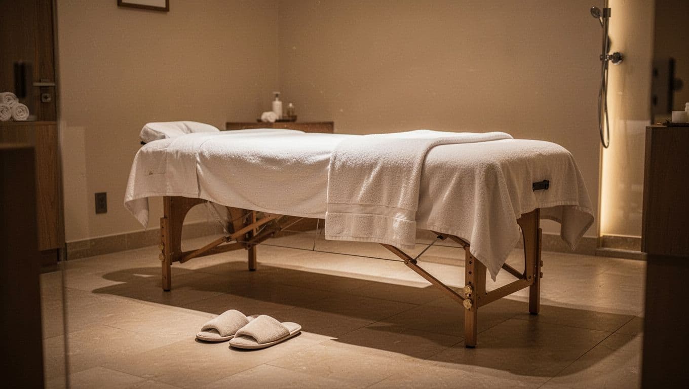 A plush massage table with folded white linens sits in a dim room illuminated by soft amber wall lamps. Soft slippers rest neatly on the floorboards near the base of the table.