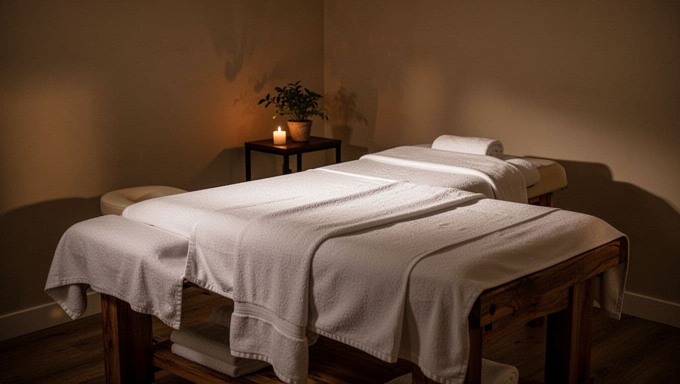 A plush massage table with folded white linens sits centered in a dimly lit room. A nearby side table holds a glowing candle and small greenery, creating a peaceful sanctuary atmosphere.