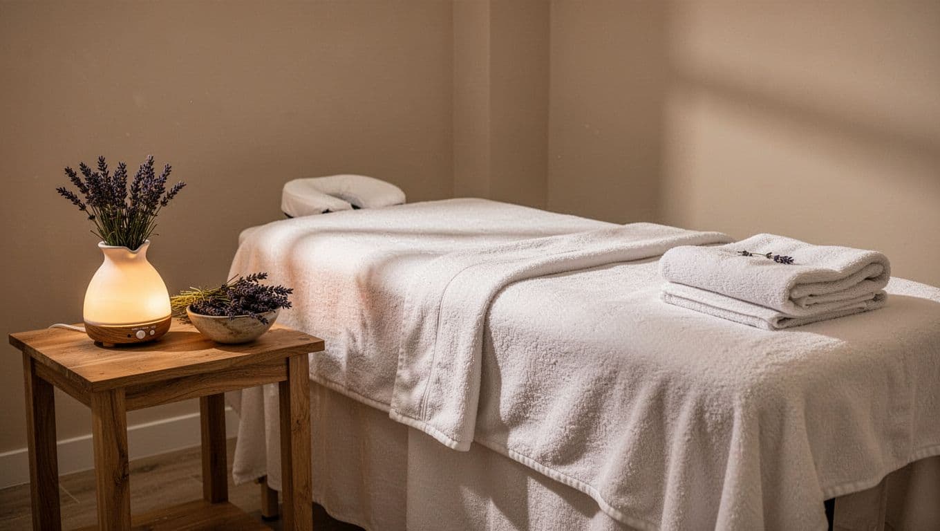 A prepared massage table with crisp white linens sits beside a wooden surface holding a glowing oil diffuser, fresh lavender, and a folded towel within a calm, minimalist spa interior.