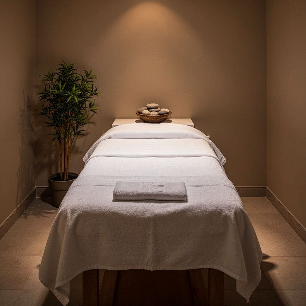 A pristine massage table draped in fresh white linens occupies the center of a dim room. Warm ambient light illuminates a decorative bowl of stones and a green indoor plant nearby.