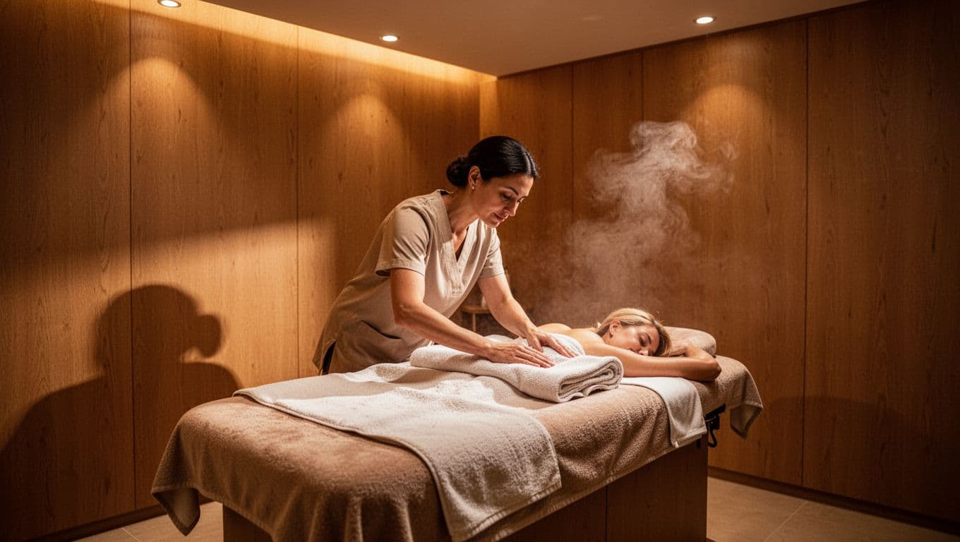 A plush massage table sits centered in a dimly lit room, draped with crisp white linens. Warm accent lights create soft shadows against the dark walls, evoking a tranquil relaxation space.