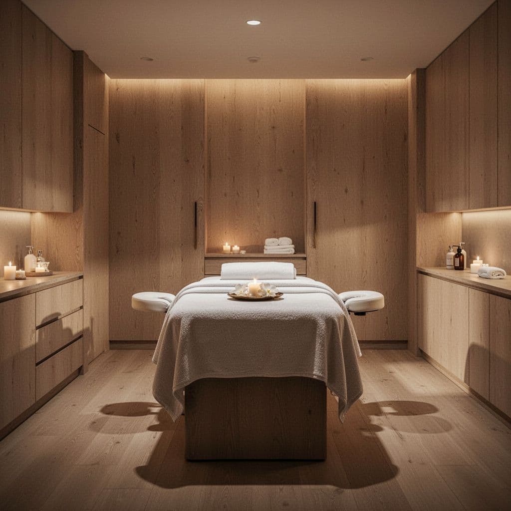 A plush massage table sits centered in a minimalist room featuring warm wooden accents and soft glowing ambient lighting. Large decorative stones rest on a low shelf beneath a draped wall.