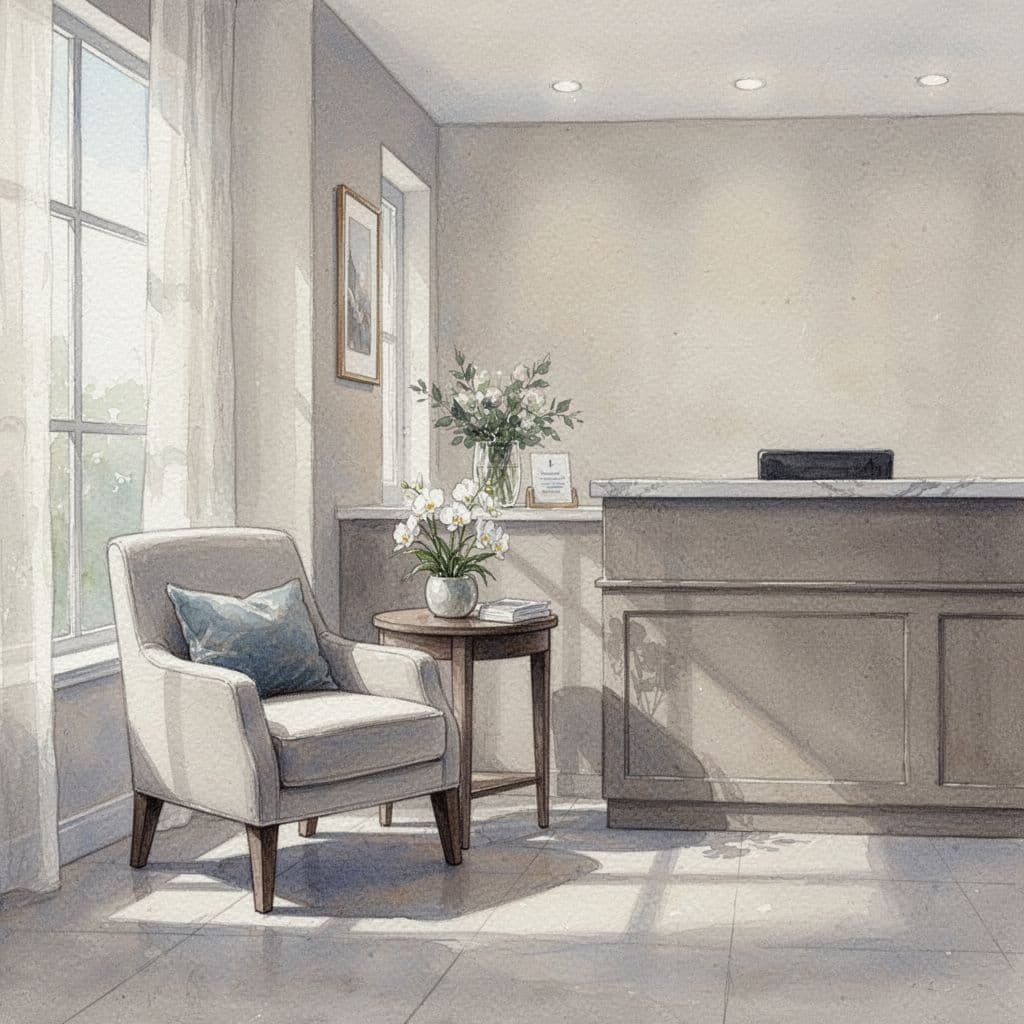 A soft watercolor illustration captures a peaceful spa lobby featuring a plush neutral chair and a minimalist wooden desk. Warm light washes over the textured walls, creating a clean, inviting atmosphere.