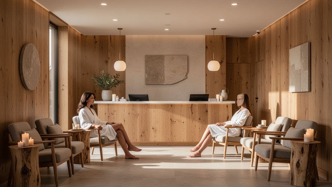 Natural wood panels line the reception walls under warm, recessed lighting. A relaxed guest rests in the background lounge, surrounded by soft textures and clean, minimalist furniture for a calm atmosphere.