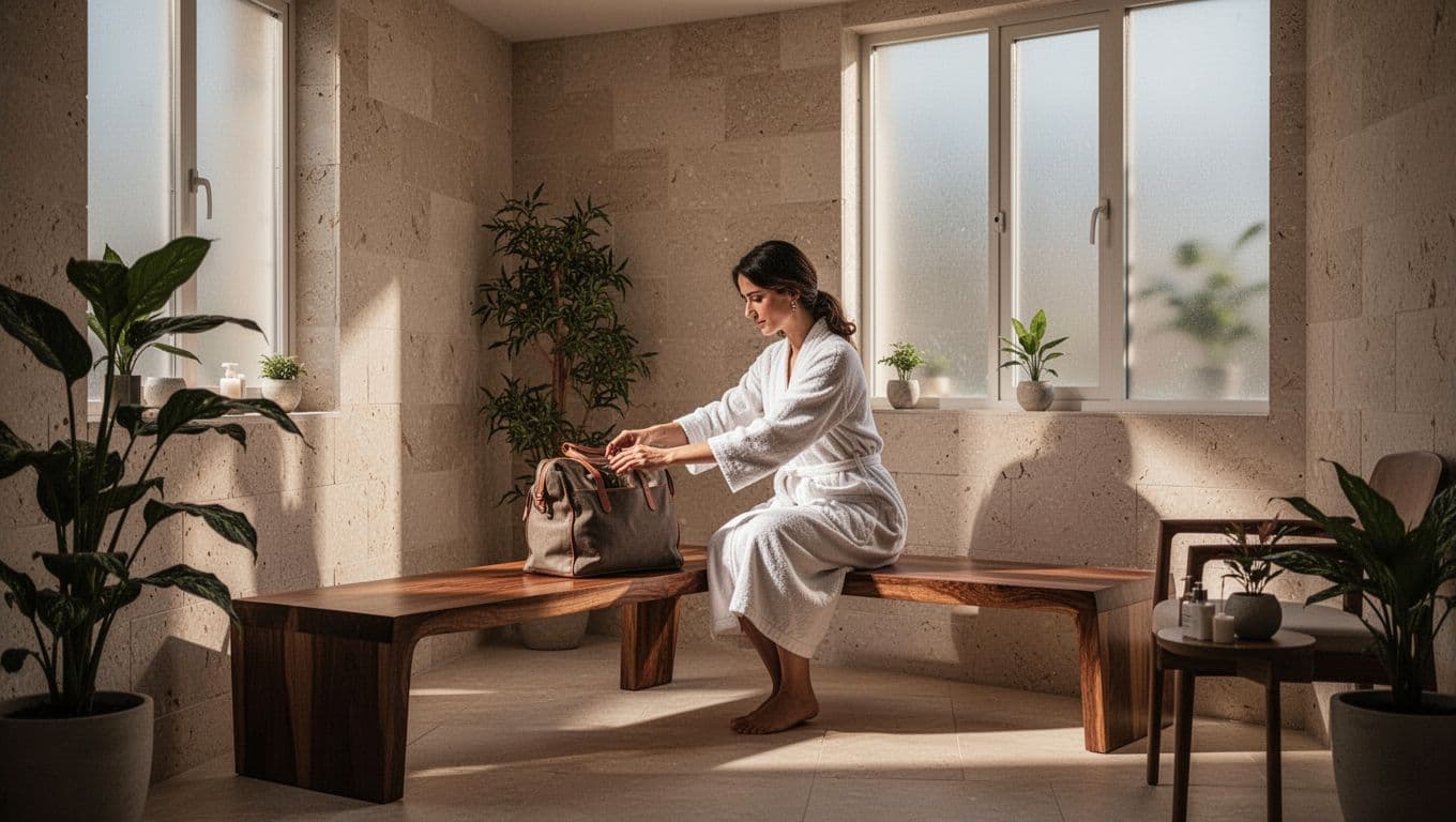 A person gently sets a leather bag onto a minimalist wooden bench within a softly illuminated spa lounge. Warm ambient lighting creates deep shadows across the tranquil, peaceful sanctuary space.