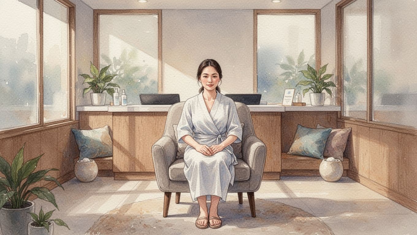 A person sits peacefully on a plush armchair within a sunlit wellness lobby. Soft watercolor strokes highlight the gentle textures of the pillows and the calming, minimalist decor surrounding them.