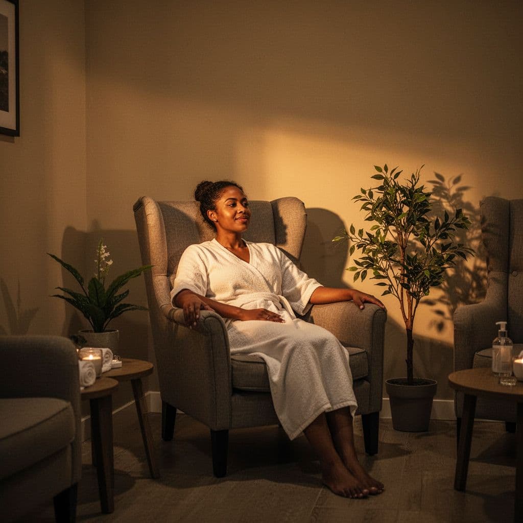 A comfortable velvet armchair sits beside a lush indoor plant in a dimly lit room. Soft golden ambient light glows from hidden fixtures, creating a tranquil and relaxing atmosphere.